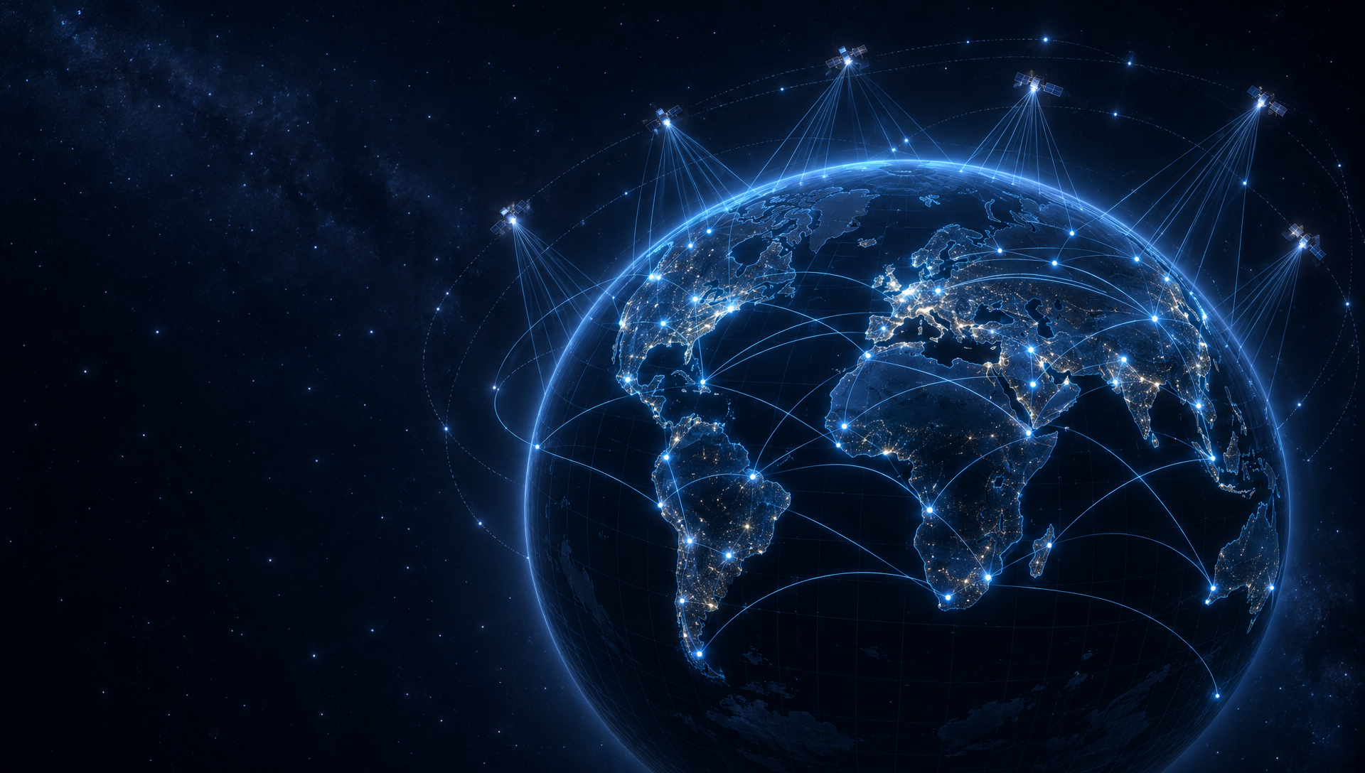 A dark globe laced with Globalstar routes